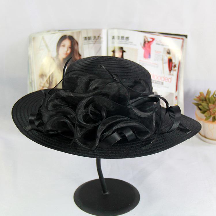 

Spring And Summer Mesh Sun Hat Eugen Yarn Flower Temperament Wedding Hat Sun Protection Dome Big Eaves Hat Fashion Hat Women M（56-58cm） чорний