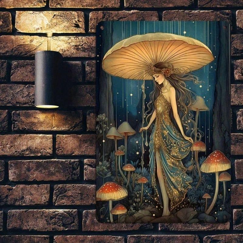 Vintage Metal Sign Mushroom Fairy 20x30cm Rustic Wall Decor for Home Bar Garage Farm