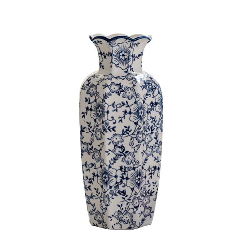 Octagonal Pastoral Ceramic Vase Blue and White Porcelain Hand-painted High-end Living Room Entrance Flower Arrangement Water