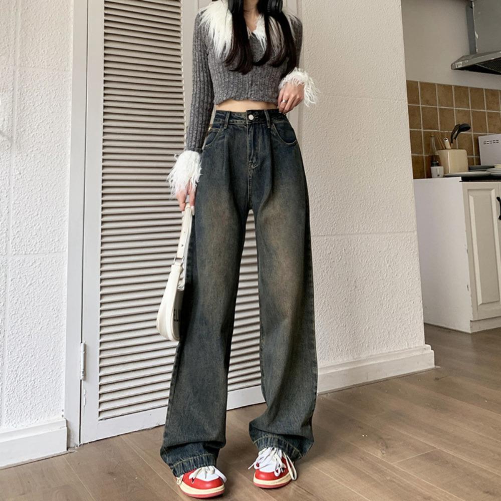 

Retro wide-leg jeans women s autumn and winter 2025 new cement gray high-waisted loose straight mopping jeans 2XL