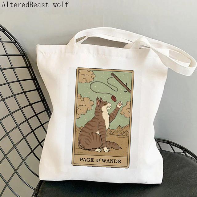 Kadın Alışveriş çantası Balık kedi Tarot Baskılı Kawaii Çanta Harajuku Alışveriş Kanvas Alışveriş Çantası kız çanta Tote Omuz Bayan Çantası