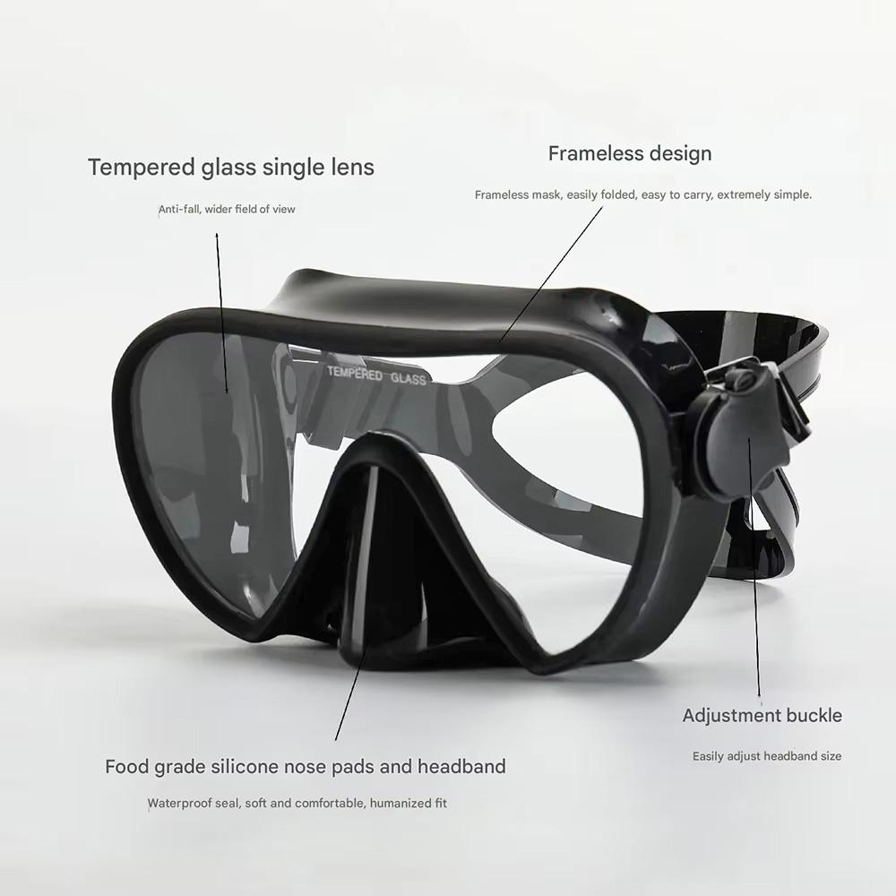 Scuba Diving Snorkeling Frameless Mask Perfect Seal Silicone Skirt Panoramic View Tempered Glass Swim Goggles Suitable for Adult