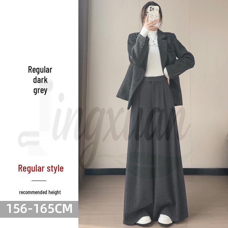 2026 Autumn/Winter Women s High-Waisted Herringbone Wool Wide-Leg Pants with Velvet XL