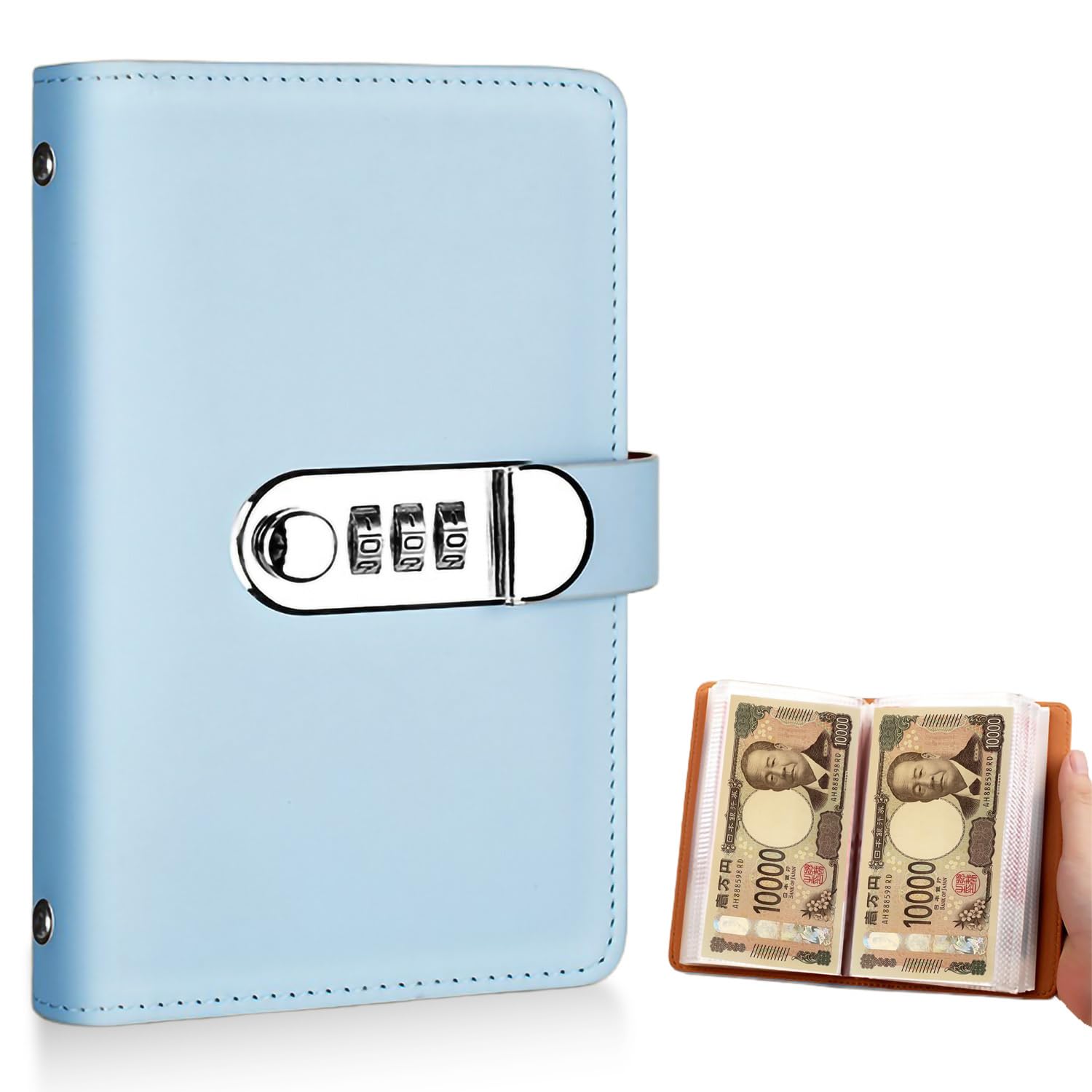 

Mitoland Book-Shaped Piggy Bank with Password Lock, 50 Pockets, 1 Million Yen Challenge, PU Leather, Blue