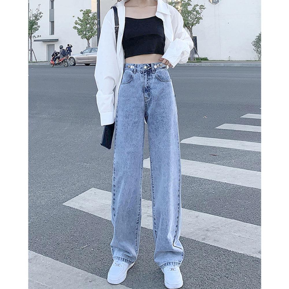 

Прямые джинсы женские осень и зима 2025 новая мода высокая талия широкие брюки маленькие облегающие свободные брюки 2XL светло-синий
