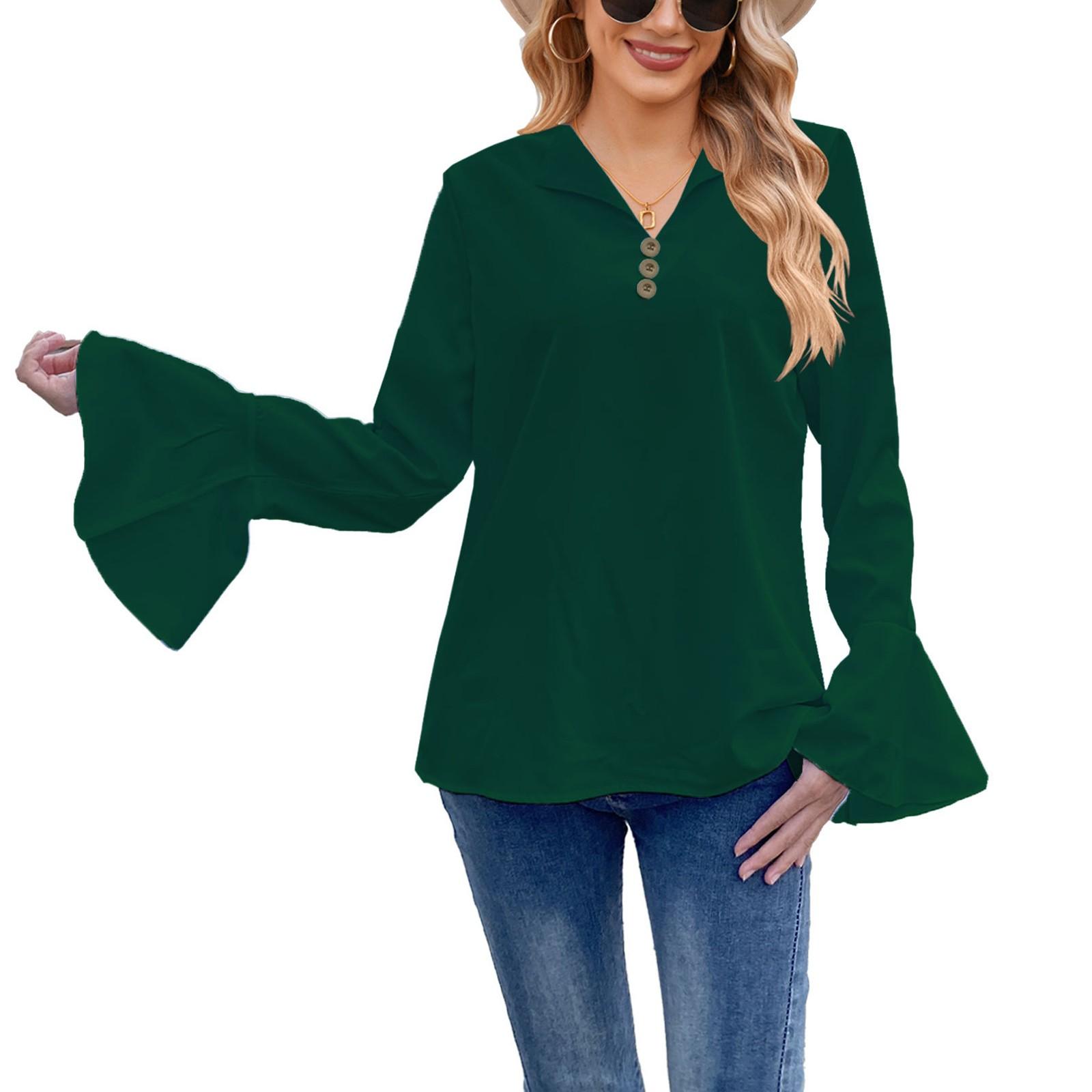 

Women s Fashion V-Neck Ruffle Long Sleeve Shirt Solid Color Button Top XL зелений