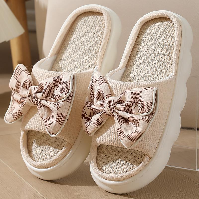 Fashion Linen Women Slippers 2025 Summer Home Slippers Comfortable Thick Sole Platform Ladies Fashion Bowknot Indoor Slipper Wholesale
