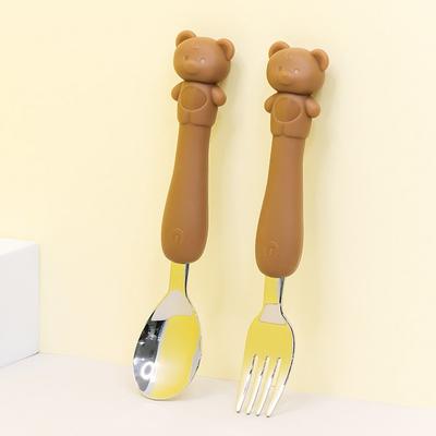 Lilpang Kinder-Set mit Löffel und Gabel für Babynahrung, weicher Silikongriff, Edelstahl, LF8407, Braunbär, 1 Set