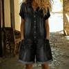 Spring Summer Women Short Sleeve Button Down Jean Short Jumpsuit Cuffed Hem One Piece Overall with Pockets