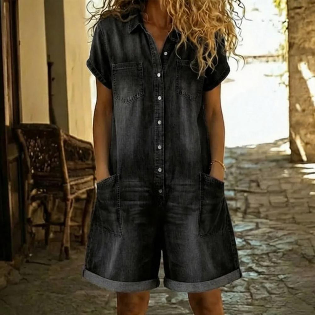 Spring Summer Women Short Sleeve Button Down Jean Short Jumpsuit Cuffed Hem One Piece Overall with Pockets