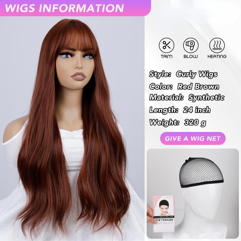 Red Brown Curly Wave Wigs Air Bangs 24 Inch  Fiber Synthetic Heat-resistant Deep Wave Hair Natural Party or Selfie Korean Fashion
