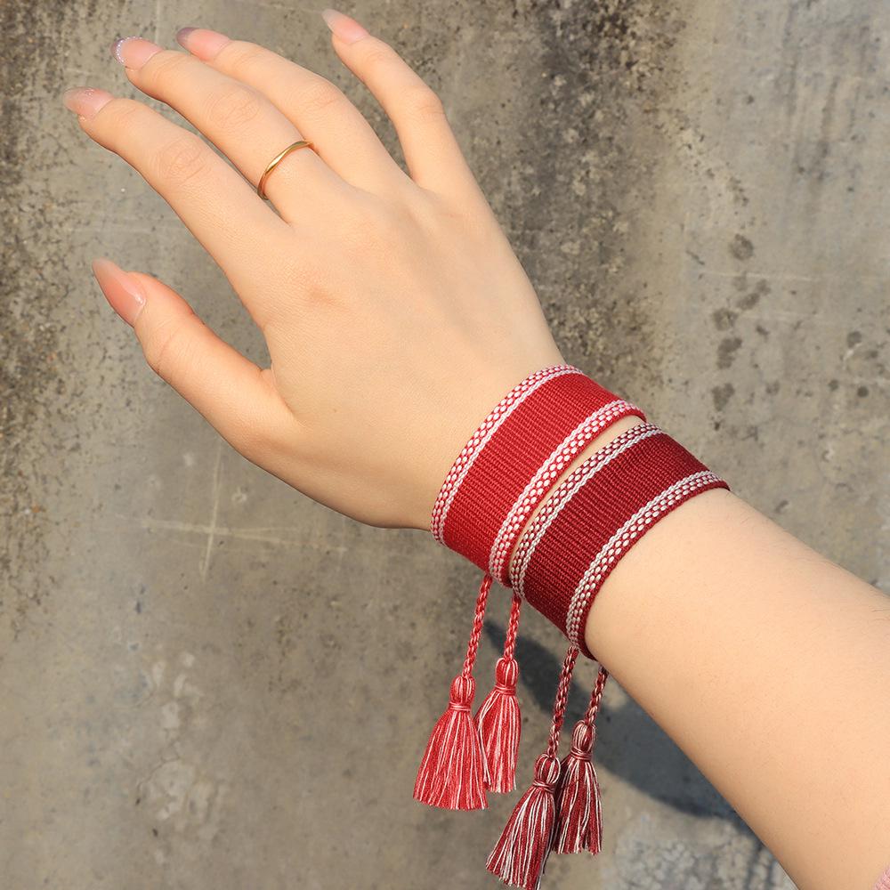 Adjustable European & American Fashion Embroidered Polyester-Cotton Tassel Bracelet with Customizable Logo