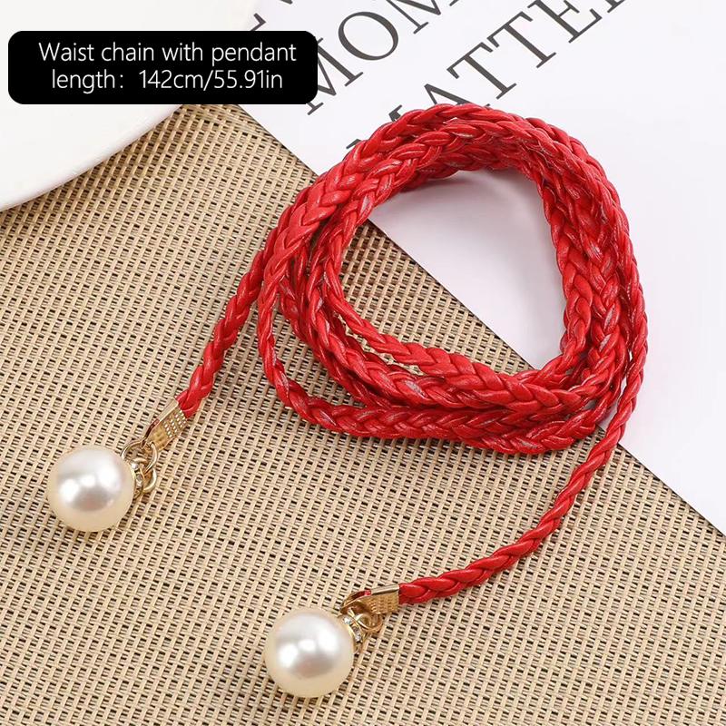 Retro Pu Braided Pearl Belt Waist Chain Versatile Women Leather Rope Waistband Waist Rope Jeans Dresses Clothing Accessories