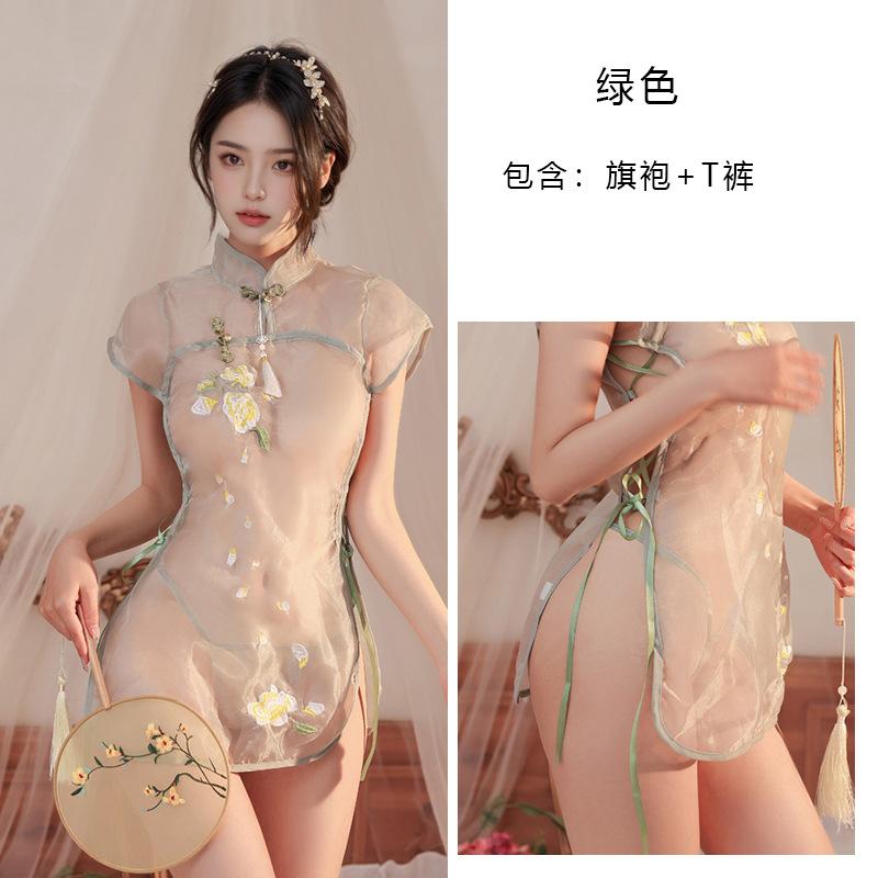 Summer Fashion Women's Clothing Ethnic Style Retro Cheongsam Embroidered Pattern Exotic Mesh Transparent Sexy Elegant Dress UU7H
