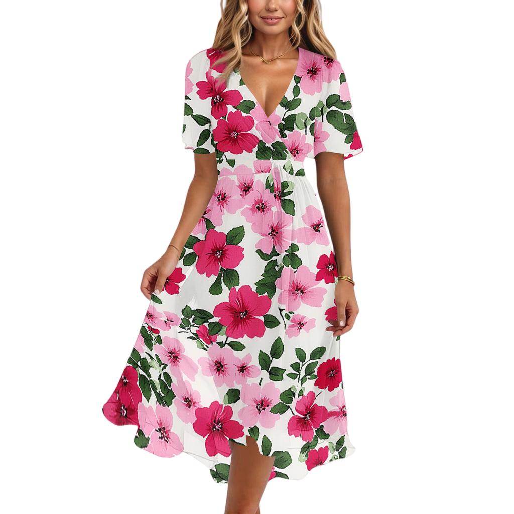 Women V Neck Short Sleeve Casual Dress Vintage Floral Print Midi Dress with Wrap Style and Flared Hem Suitable for Daily Wear