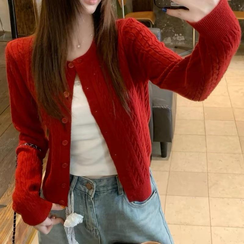 Women's Round Neck Cable Knit Cardigan - Autumn/Winter Versatile Sweater Coat