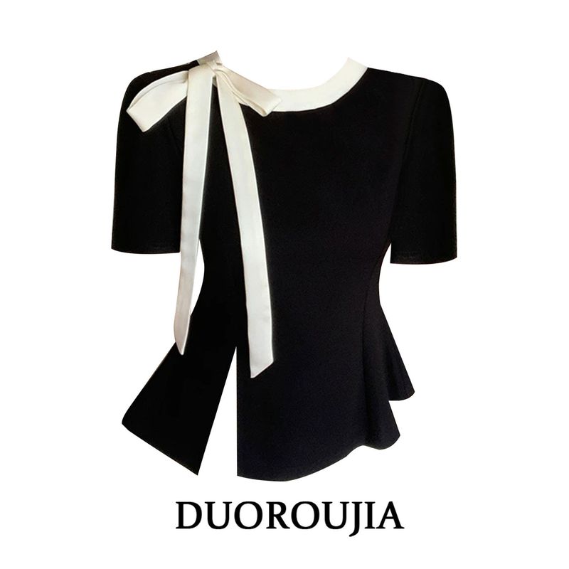

Duor Plus size Butterfly Lace-up Irregular Slit Short sleeve T-shirt Women Autumn Chubby Girl Fashion Graceful Top Tide Black 2XL