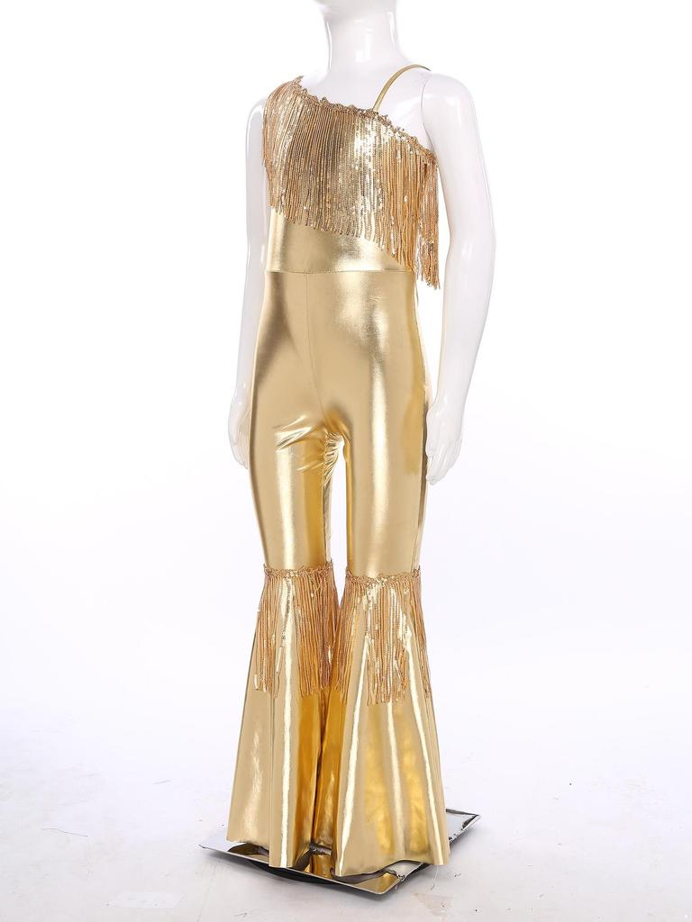 Kids Sparkly Jumpsuit Off-shoulder Sleeveless Sequin Tassels Flared for Pageant Show
