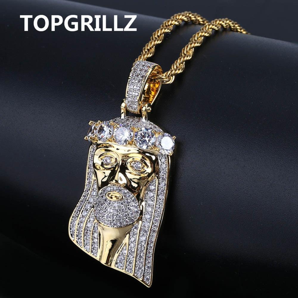 

TOPGRILLZ Hip Hop New Fashion Gold Color Plated Iced Out Big CZ Stone Masked Jesus Face Pendant Necklace Crystal with Three Type 24 inch