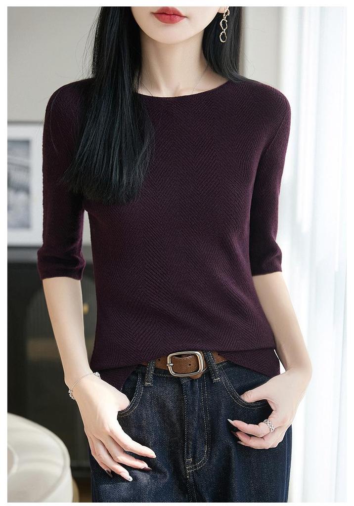 Ultra-Fine Pure Wool Women's Slim-Fit Fishbone Pattern One-Shoulder Mid-Sleeve Base Layer Shirt