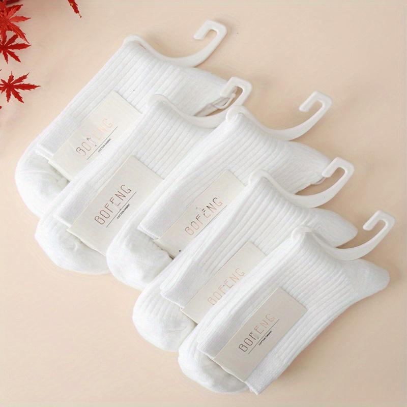 5 Pairs Women's Striped Socks, Solid Color Mid-Calf Versatile Spring Autumn Winter Models, Double-Needle Thickened Simple Solid Color Long Socks