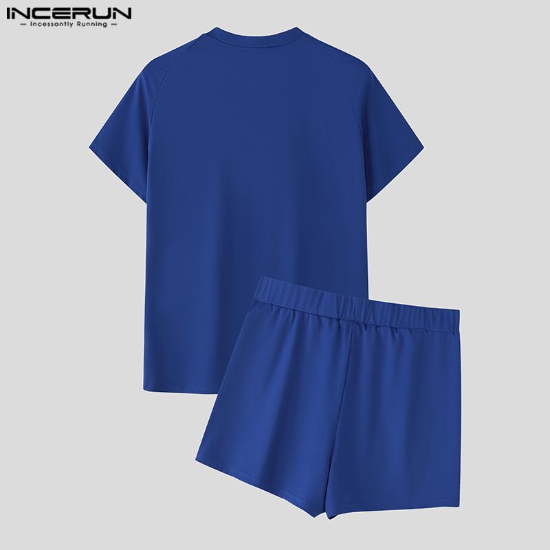 INCERUN 2 STÜCKE Herren Kurzarmhemden Kurze Hosen Lässig Figurbetont Sportlich Zweiteilige Sets
