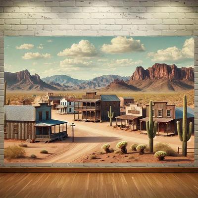 1 Sfondo in Poliestere Cittadina Desertica del West - Scena Reale con Cowboy e Cactus Decorazione Murale