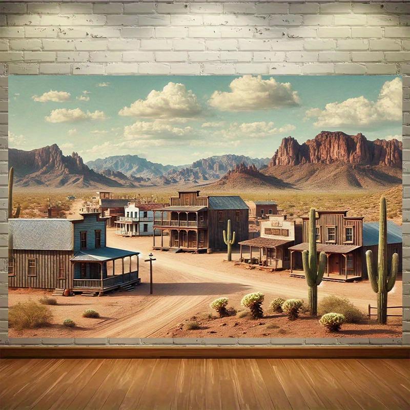 1 Sfondo in Poliestere Cittadina Desertica del West - Scena Reale con Cowboy e Cactus Decorazione Murale