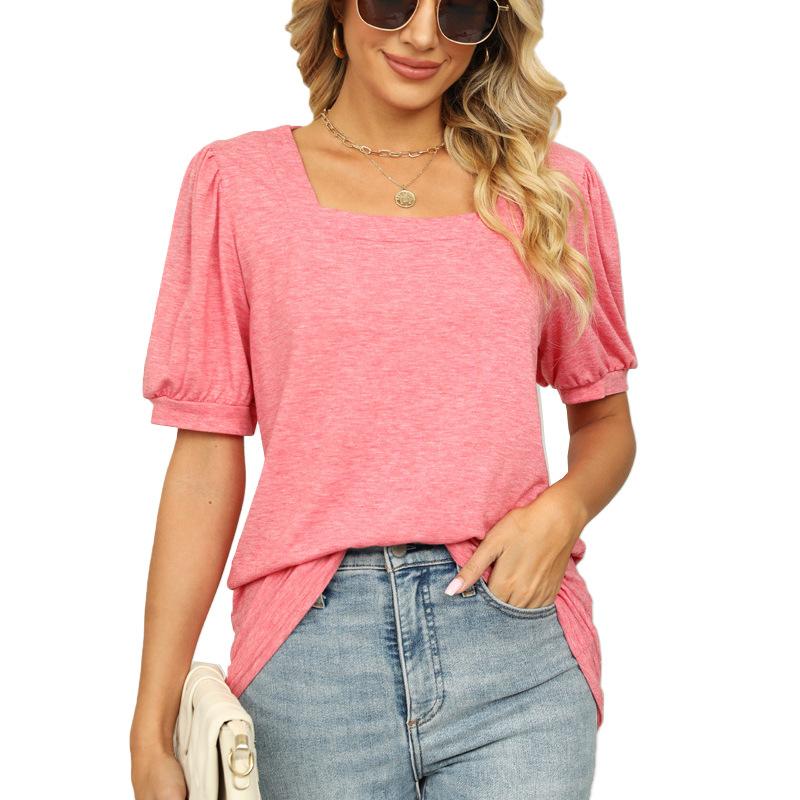 Spring Summer T-shirt Solid Color Square Neck Wrinkled Tops Bubble Short Sleeve Women's Basic T Shirts