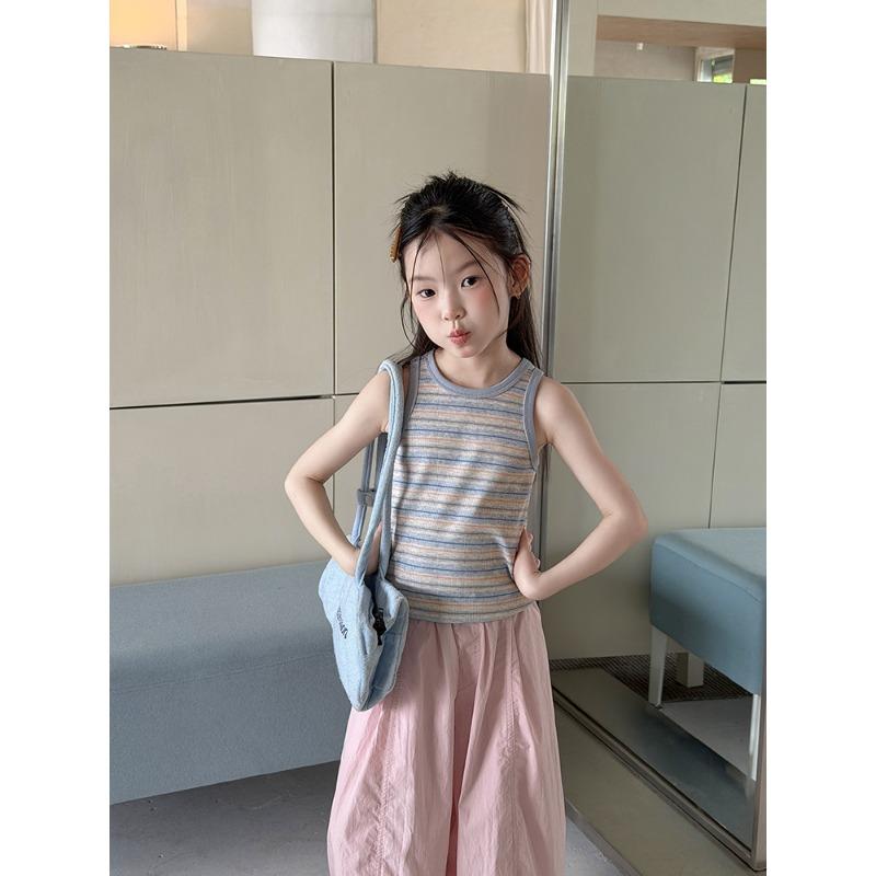 Kids Girls Korean Style Striped Sleeveless Round Neck Casual Tank Vest 100cm