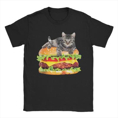 Men Hamburger Space Cat Funny Kitty T-Shirts Pure Cotton Top Tees Beach Street Style T-Shirt O-Neck Trending Tee Shirt Big Size