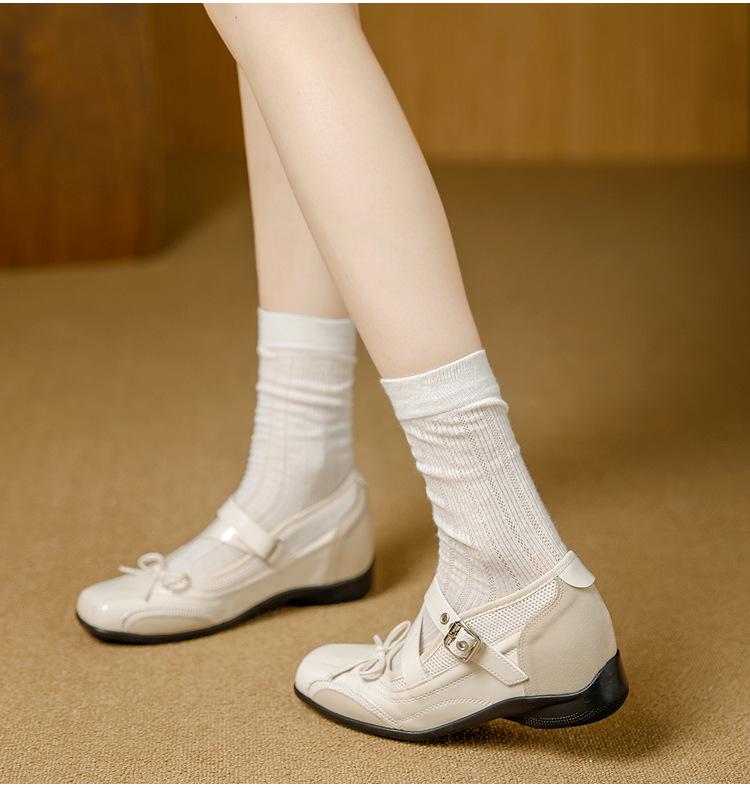 Silver Vintage Leather Hidden Heel Mary Jane Ballet Flats with Bow