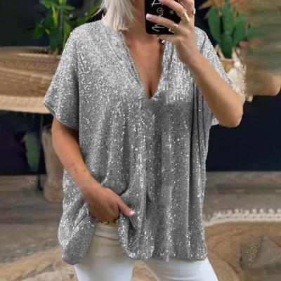 Women T-shirt Sequined V Neck Summer Solid Color Short Sleeve Pullover Top for