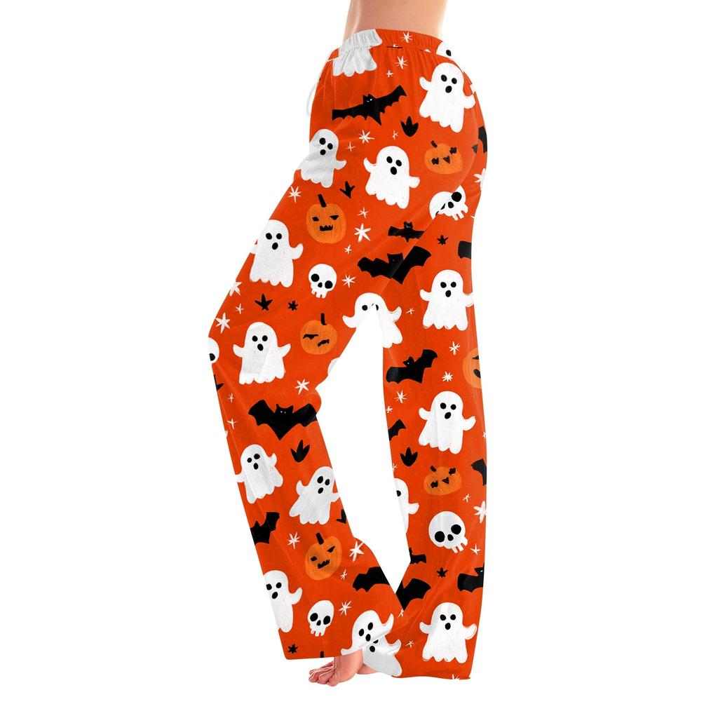 Women's Halloween Print Elastic Waist Drawstring Pajama Pants for Casual and Sleepwear