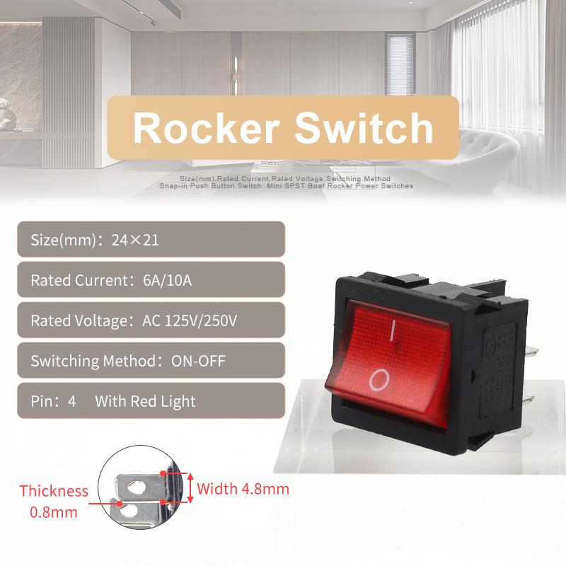 5PCS 24*21mm 4/6 Pin 2/3 Position ON-OFF/ON-OFF-ON/ON-ON Electric Equipment Power Switch Rocker Switch 6A/10A 250V/125V