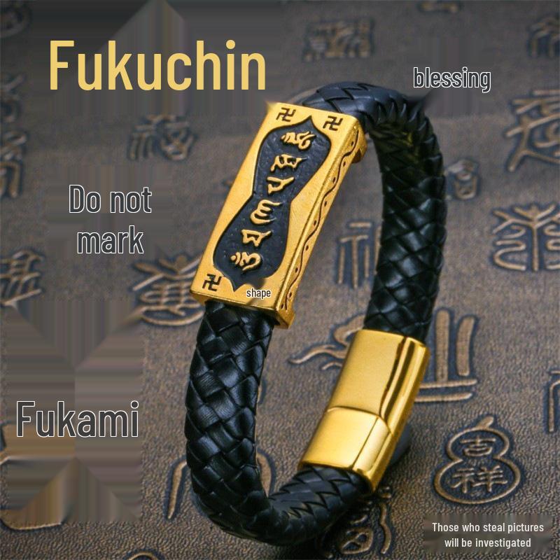 Vietnam Sandgold Persönlichkeit Ruyi Abakus Lederarmband für Männer - Dominanter Ethnischer Stil, Vergoldet.