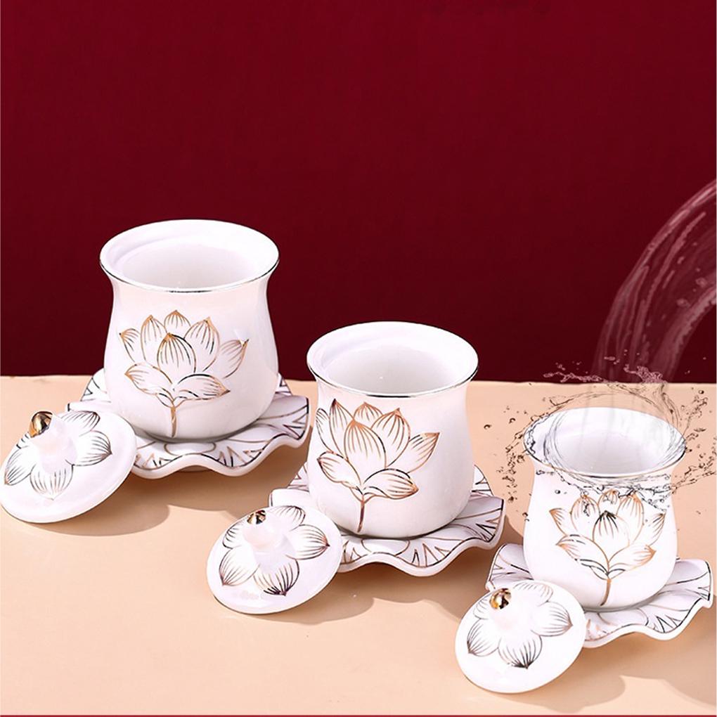 3 STÜCK Lotusbecher Relief Keramik Teetasse, Tasse mit Deckel, Wasserbecher für Buddha, Reichtum anziehendes Teeservice, Kaffeetischdekoration
