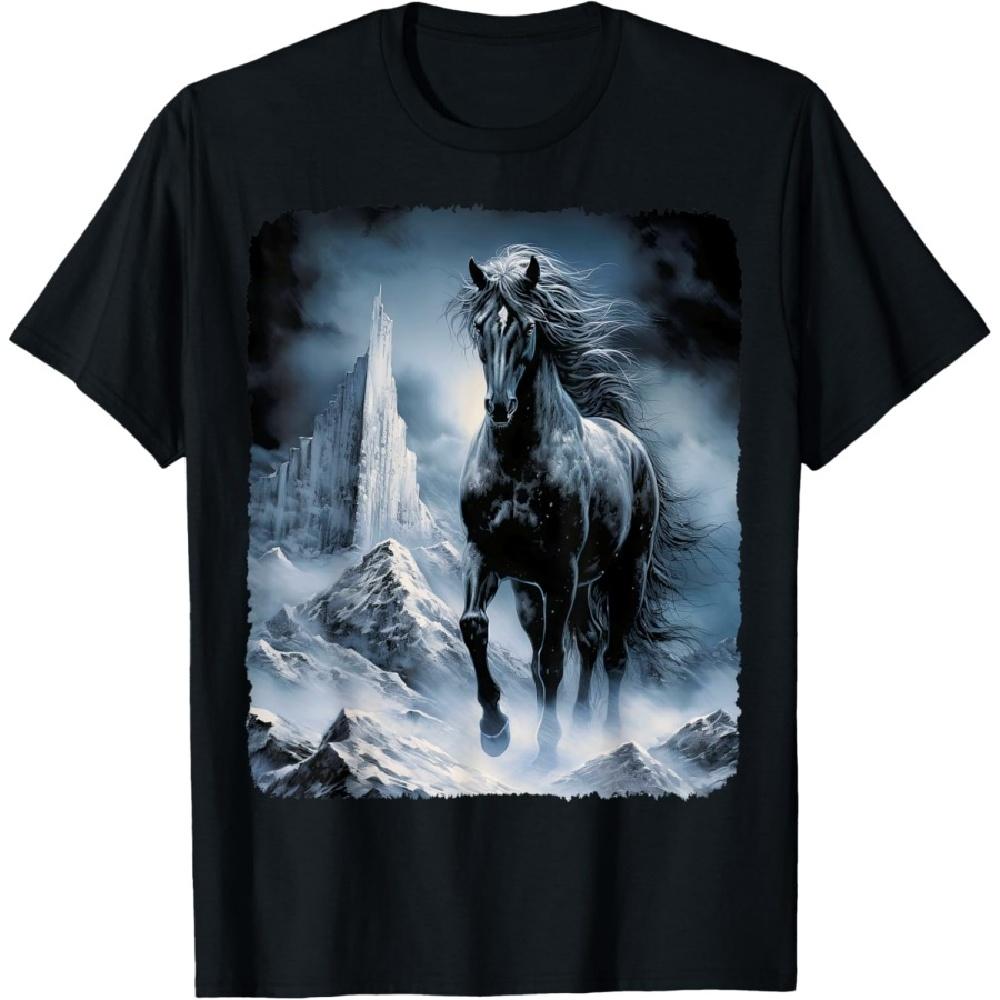 Beautiful Black Horse Running Through the Snow T-Shirt
