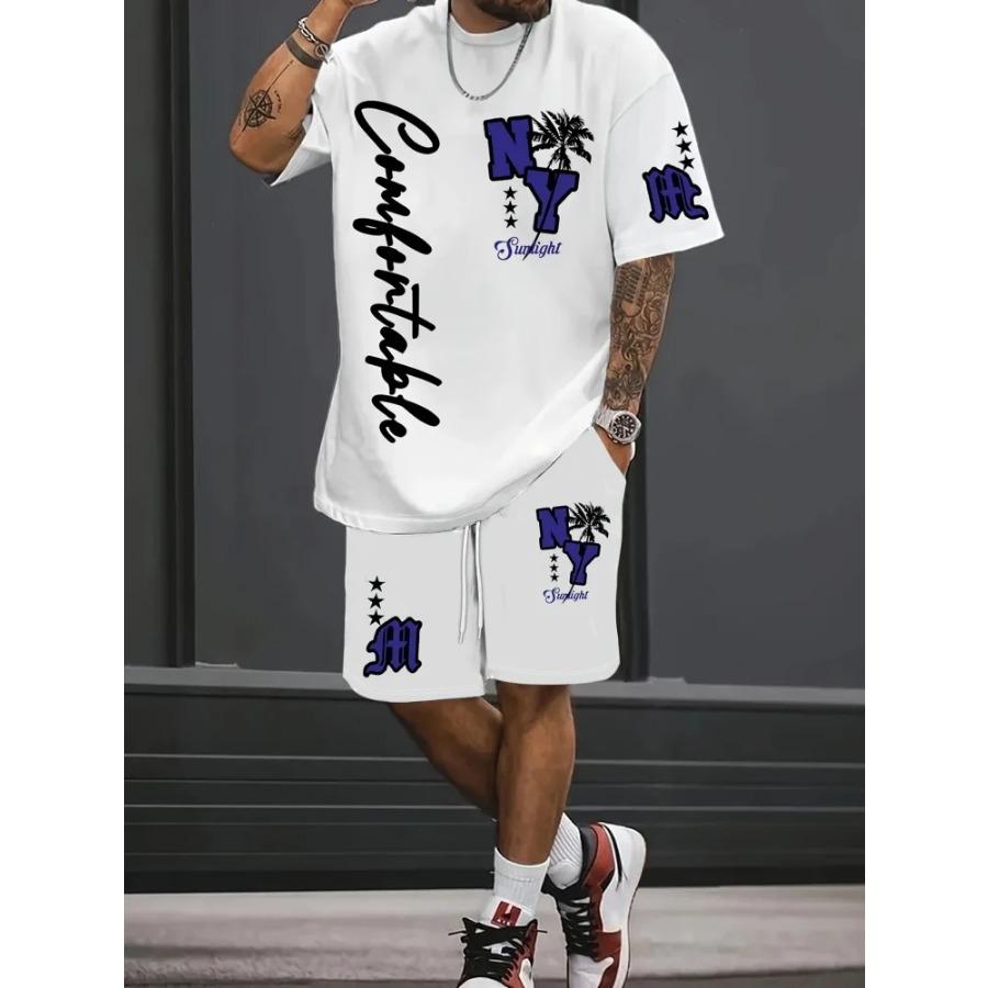 Men's Summer Short-sleeved Set, 3D Creative Flame Print And Shorts, Two-piece Casual Outdoor Fashion Set