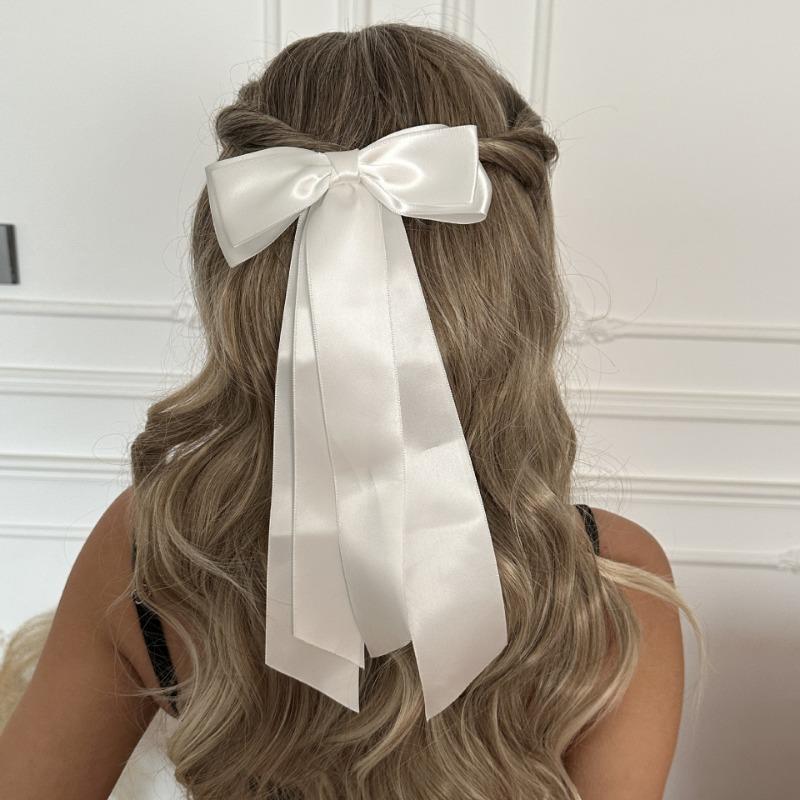 

Простая однотонная двухслойная заколка-бант большого размера в стиле ретро с длинными лентами из атласа для женщин