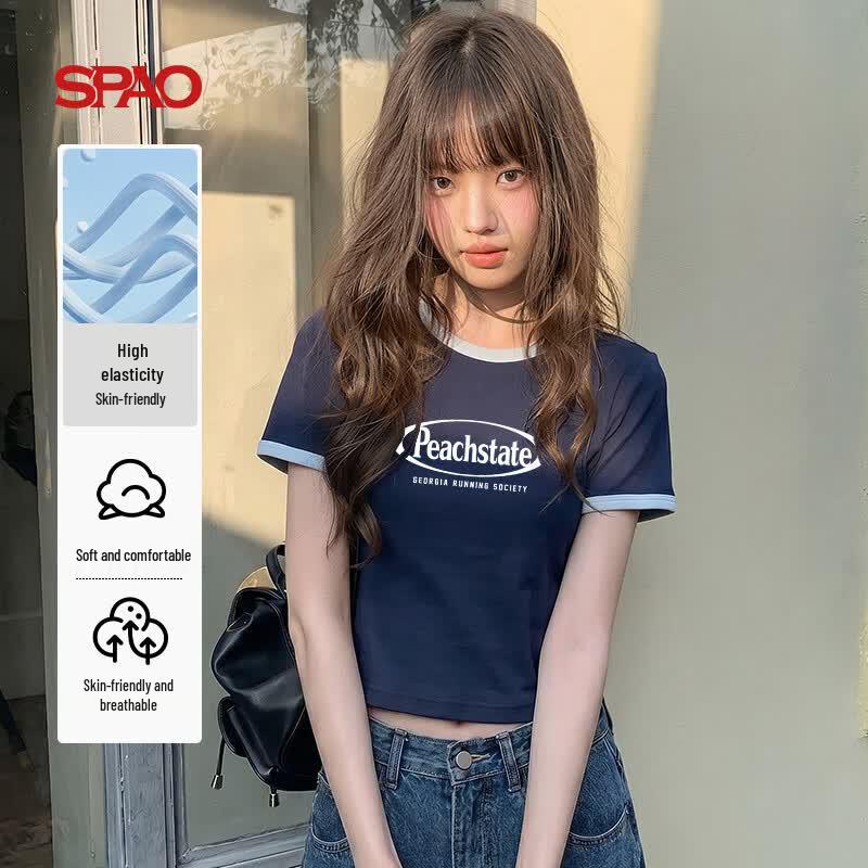 SPAO Women s Retro Contrast Trim Letter Print T-Shirt M