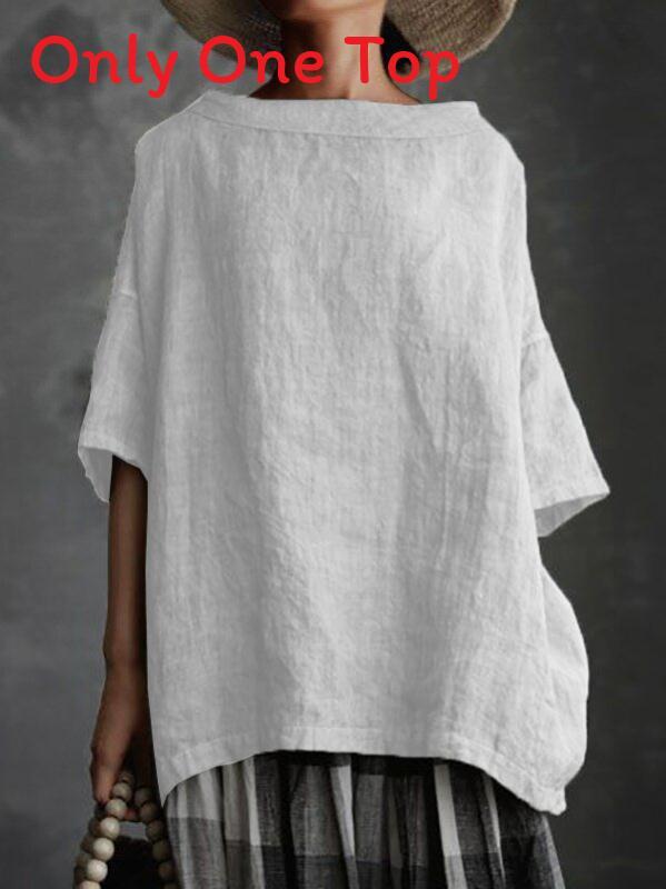 Vintage Art Style Cotton Linen T Shirt With Splicing Details For Casual Wear