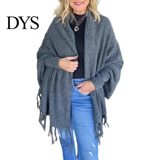 Cárdigan de Manga Murciélago para Mujer, Chal con Dobladillo Largo de Borlas, Color Sólido, Ajuste Holgado, Top Abierto por Delante, Punto de Otoño Invierno