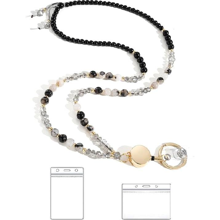 Lanyards for ID Badges and Keys,Natural Stone Beaded Teacher Lanyard for Women,Retractable Lanyard with ID Holder Cute Lanyards Standard