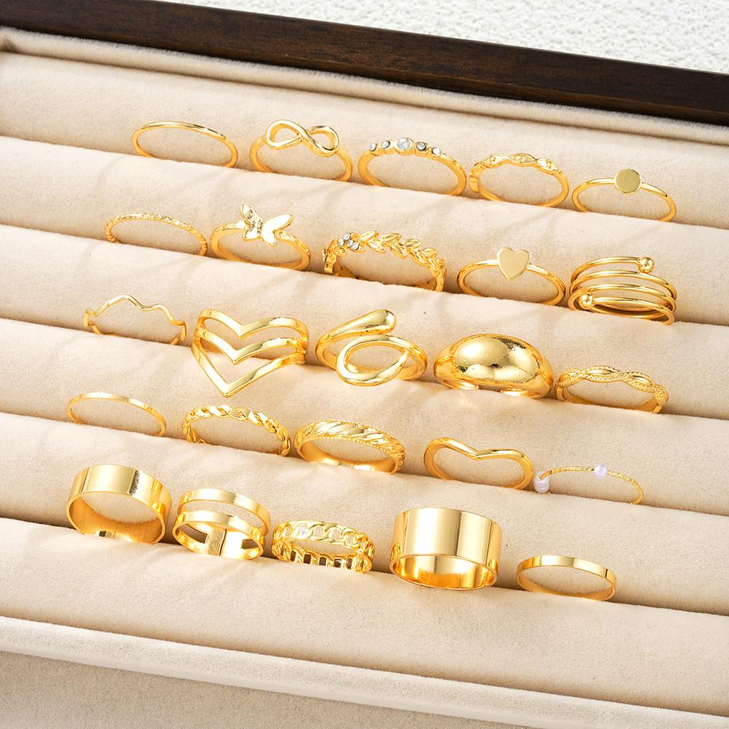 New 25Pcs/Set Vintage Gold Color Butterfly Ring Set Hollow Heart Imitation Pearl Zircon Rings Fashion Finger Jewelry Accessories