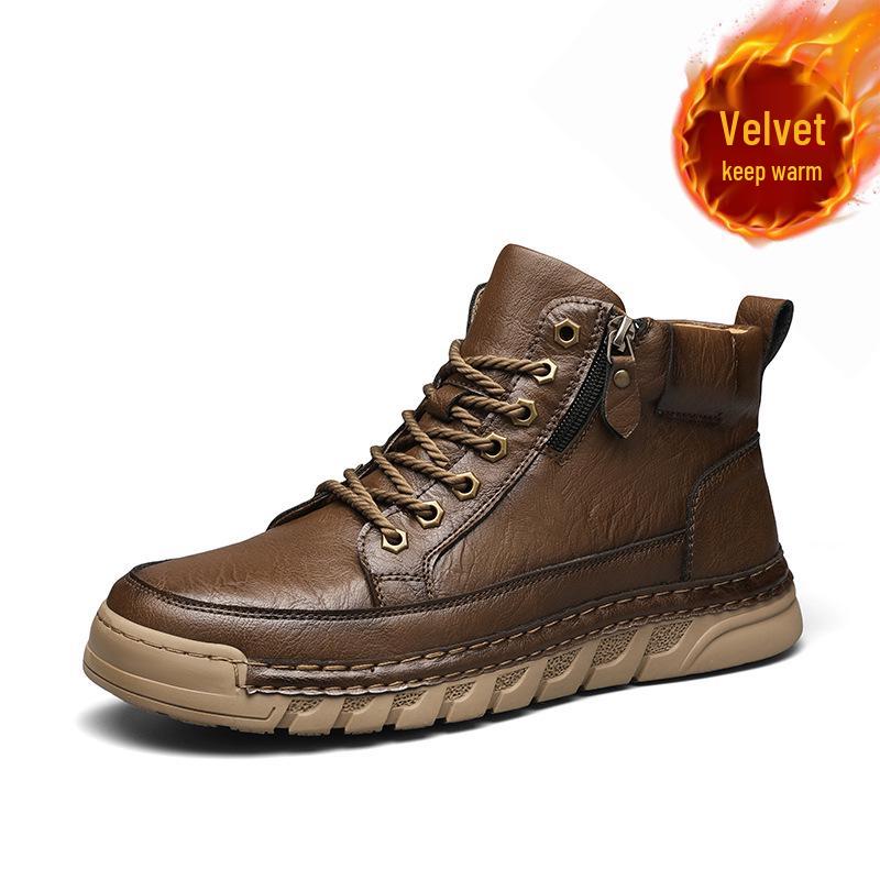 Men s Plus Size Handmade Leather High-Top Winter Boots with Velvet Lining Size 39