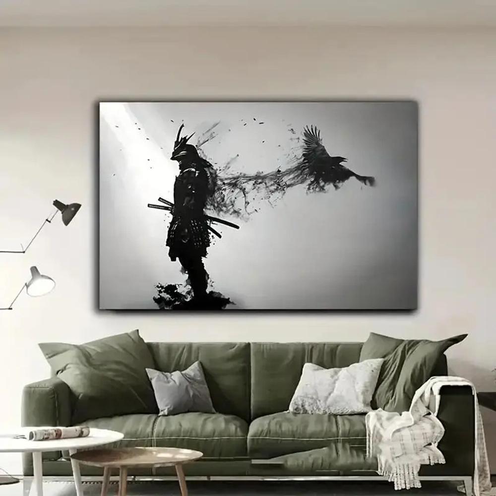 Black and White Japanese Black Samurai Man with Crow Posters and Print Wall Art Canvas Painting for Living Room Cuadros Decor 60 X 40 Cm