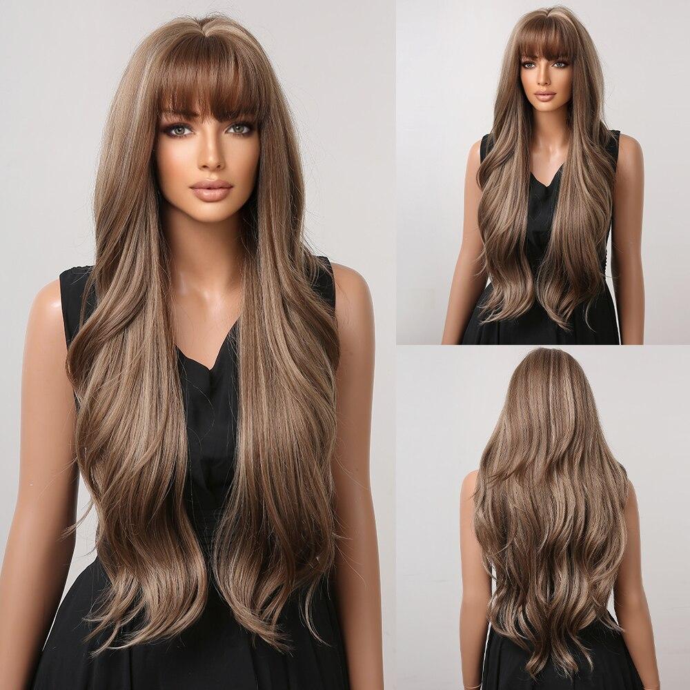 ALAN EATON Brown Highlight Layered Boby Wavy Wig Long Natural Mixed Synthetic Wig Women Daily Hair with Bangs Heat Resistant Wig