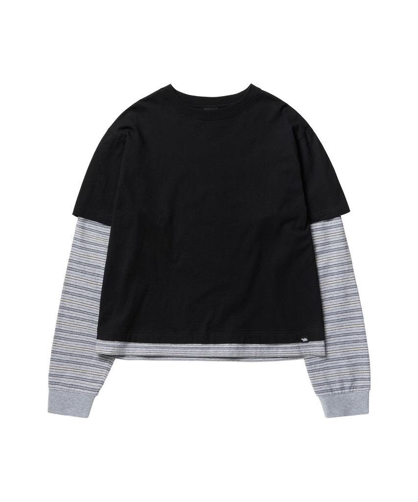 Peullukeu Crop Striped Layered T-Shirt Black Flt133