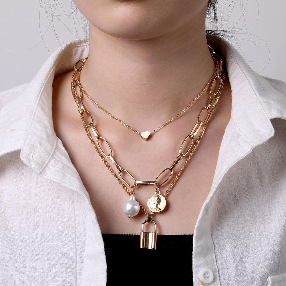 Multi-layer Necklace Female, Creative Retro Simple Octagram Lock Pendant Thick Chain Necklace